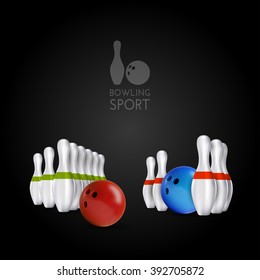 Bowling items on the dark background. Bowling skittles and bowls as vector design elements.