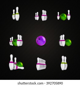 Bowling items on the dark background. Bowling skittles and bowls as vector design elements.