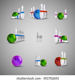 Bowling items on the gray background. Bowling skittles and bowls as vector design elements.