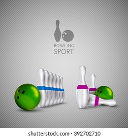 Bowling items on the gray background. Bowling skittles and bowls as vector design elements.