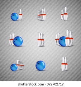 Bowling items on the gray background. Bowling skittles and bowls as vector design elements.