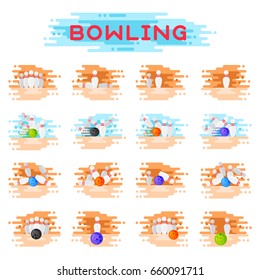 Bowling kegling ball and skittles ninepins crashing game combinations kegling vector illustration