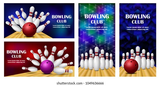 Bowling kegling banner concept set. Realistic illustration of 4 Bowling kegling vector banner horizontal concepts for web