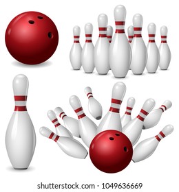 Bowling kegling mockup set. Realistic illustration of 4 bowling, kegling mockups for web