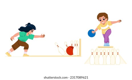 vector de juego de boliche. juegos para niños, familia de bolas, niño montessori, escuela de casa, amigos al aire libre jugar a bolos de niños personaje. ilustración de dibujos animados planos de personas