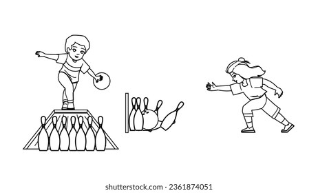 bowling kid play vector. children game, ball family, child montessori, home school, outdoor friends bowling kid play character. people black line illustration