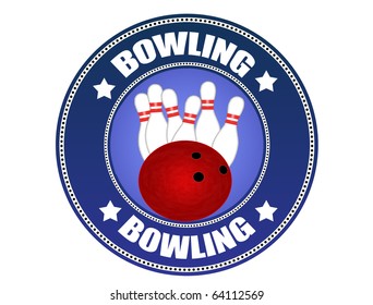 Bowling label with bowling ball and pins, vector illustration