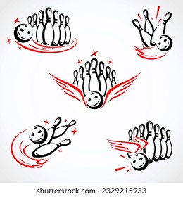 Etiqueta de boliche y conjunto de elementos. Bola de elementos de colección. Vector