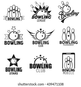 Bowling Labels, Logos Design Elements and Icons Set. Vector Illustration. Logotype Templates. Black and White Isolated.
