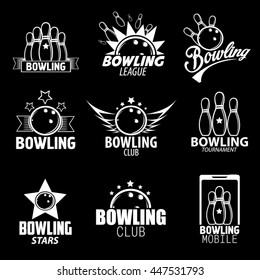 Bowling Labels, Logos Design Elements and Icons Set on black background. Vector Illustration. Logotype Templates.