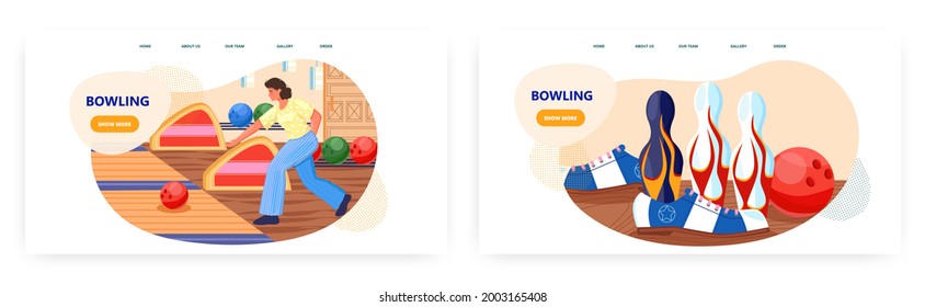 Bowling landing page design, website banner vector template set.