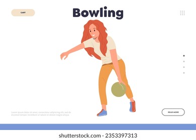 Bowling landing page design website template with young woman character playing throwing ball