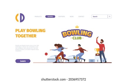 Bowling landing. Sport active game equipment balls skittles garish vector web page template with place for text