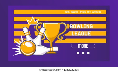 Bowling league banner, poster vector illustration. Ball crashing into the pins,getting strike. Bowling tournament. Winner of championship. Victory. First place. Web design.