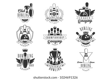 Bowling League Tournament Black And White Sign Design Templates With Text And Tools Silhouettes