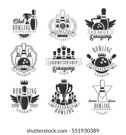 Bowling League Tournament Black And White Sign Design Templates With Text And Tools Silhouettes