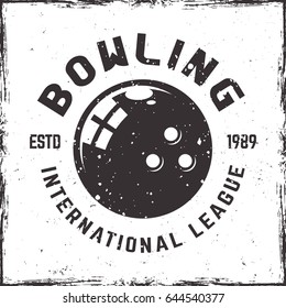 Bowling league vector emblem in vintage style with grunge textures on white background