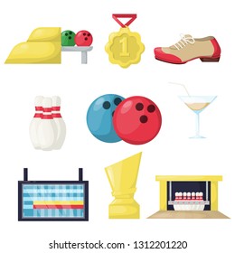 Bowling leisure hobby activity equipmen vector illustration. Family indoor game sport fun target skittle alley. Party team tournament success strike happy pins.