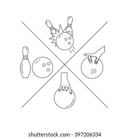 Bowling line icons set isolated on white background vector illustration.