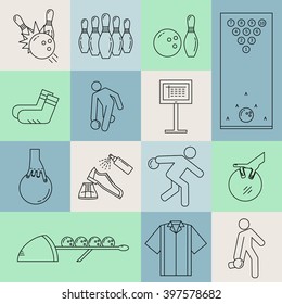 Bowling line icons set isolated on white background vector illustration.