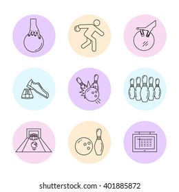Bowling line icons set isolated on white background vector illustration.