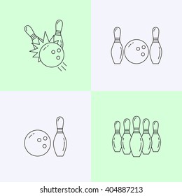 Bowling line icons set isolated on white background vector illustration.