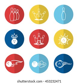 Bowling line icons set vector with ball and skittle pins