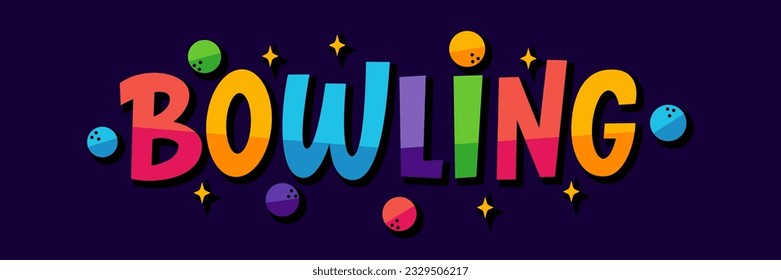 BOWLING Logo mit Bälle und Sternen. BOWLING-Spiel. Zitat zur Vektorgrafik. Bowling-Text. Grafisches Logo-Design für Print-Poster, Karte, Aufkleber, Spiel, Konzept. Zielsport