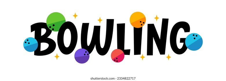 BOWLING logo with balls and stars. BOWLING game. Vector illustration quote. Bowling text. Graphic logo design for print poster, card, sticker, game, concept. Target sport