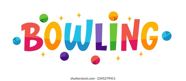 Logo BOWLING con bolas y estrellas. Juego BOWLING. Cita de ilustración de vector. Texto de boliche. Diseño de logotipo gráfico para imprimir afiche, tarjeta, etiqueta, juego, concepto. Deporte objetivo