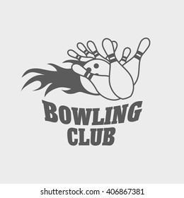 Bowling logo, label, or symbol design concept with ball knocks down pins illustration. 