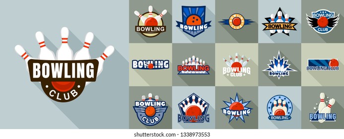 Bowling logo set. Flat set of bowling vector logo for web design