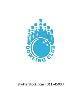 Bowling logo sport club, blue emblem with ball and ninepins, tournament banner