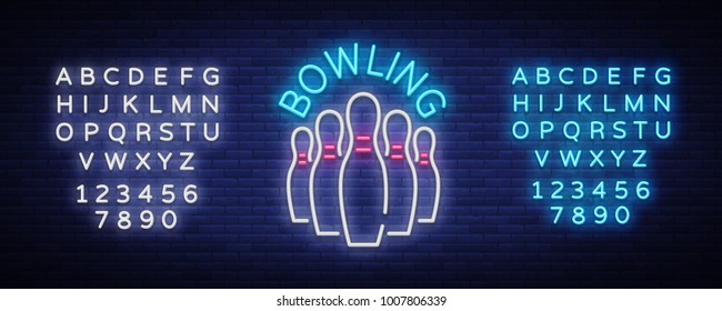 Bowling logo vector. Neon sign, symbol, bright banner advertising bright night bowling, luminous neon billboard. Design template for the Bowling Club logo. Vector illustration. Editing text neon sign