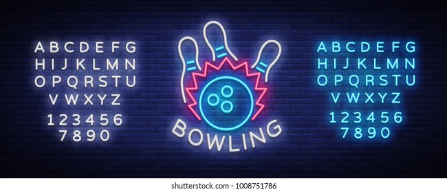 Bowling logo vector. Neon sign, symbol, bright banner advertising bright night bowling, luminous neon billboard. Design template for the Bowling Club logo. Vector illustration. Editing text neon sign - Shutterstock ID 1008751786