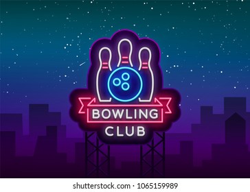 Bowling logo vector. Neon sign, symbol, bright banner advertising bright night bowling, luminous neon billboard. Design a template for the Bowling Club logo. Vector illustration