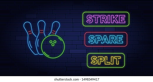 Vector del logotipo del boliche. Señal de neón, símbolo, banner brillante anunciando boliche nocturno brillante, cartel de neón luminoso. Diseñar una plantilla para el logotipo del Bowling Club. Ilustración del vector