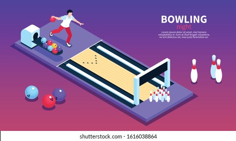 Bowling lounge night party entertainment idea isometric gradient background horizontal banner with player throwing ball vector illustration 