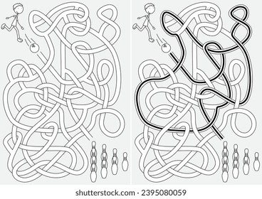 Bowling maze for kids with a solution in black and white