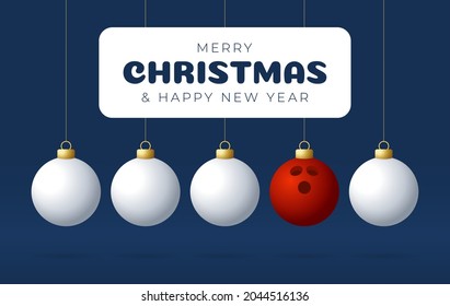 bowling Merry Christmas and Happy New Year Sport greeting card. bowling ball as a Christmas ball on color background. Vector illustration.