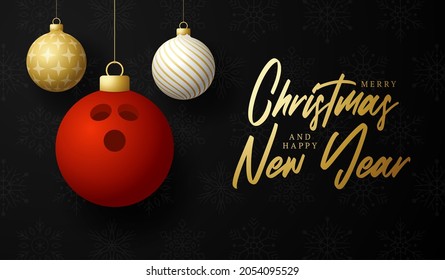 bowling Merry Christmas and Happy New Year luxury Sports greeting card. bowling ball as a Christmas ball on background. Vector illustration.