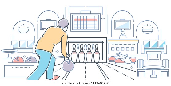 Bowling - modern line design style colorful illustration. High quality composition with a young man playing the game, images of equipment. Entertainment, free time, leisure concept