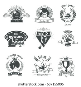 Bowling monochrome vintage style emblems of clubs and championship with balls skittles laurel wreaths isolated vector illustration 