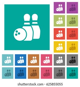 Bowling multi colored flat icons on plain square backgrounds. Included white and darker icon variations for hover or active effects.