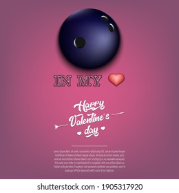 Bowling in my heart. Happy Valentines Day. Design pattern on the bowling theme for greeting card, logo, emblem, banner, poster, flyer, badges, t-shirt. Vector illustration