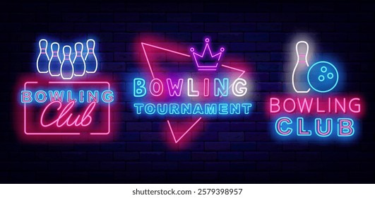 Bowling neon emblems collection. Crown and pins with ball. Leisure sport. Vector stock illustration