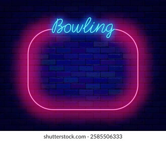 Bowling neon flyer. Empty pink frame with space for text. Shiny banner on brick wall. Vector stock illustration