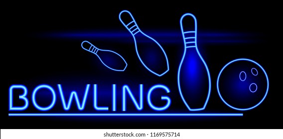 Bowling. Neon glow. Skittles and a ball on a black night background. Sports poster. Vector image.