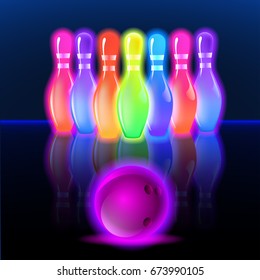 Bowling Neon Glowing Pins. Vector Clip Art Illustration.