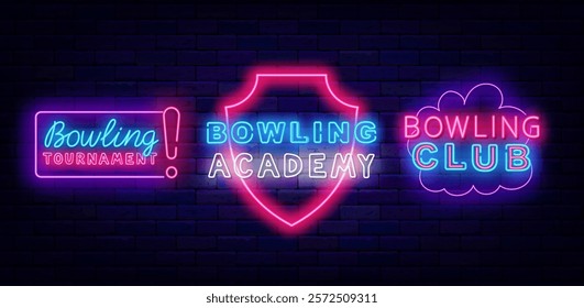 Bowling neon labels set. Shield and speech bubble. Leisure sport. Glowing signs. Vector stock illustration